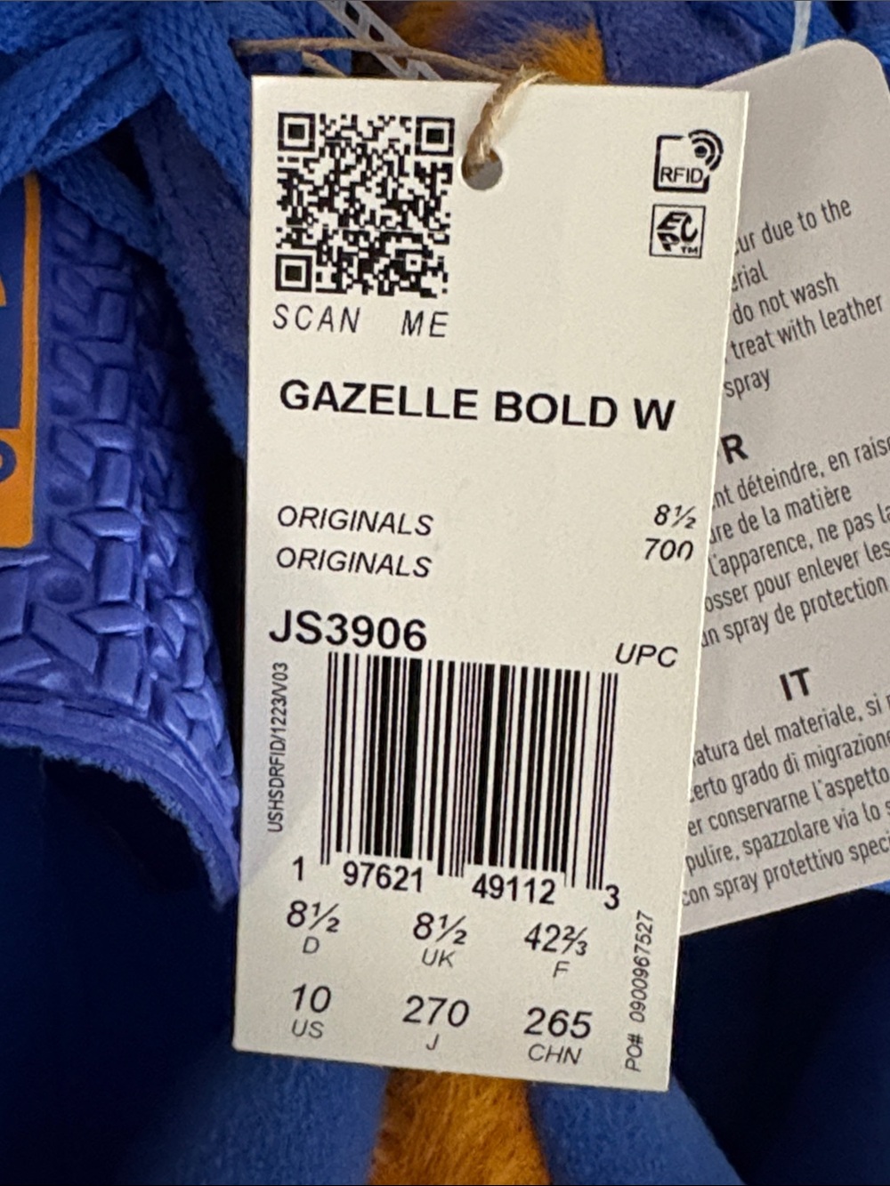 adidas Gazelle Bold W Blue with Yellow Accents Fuzzy Suede Sneakers - Picture 6 of 6